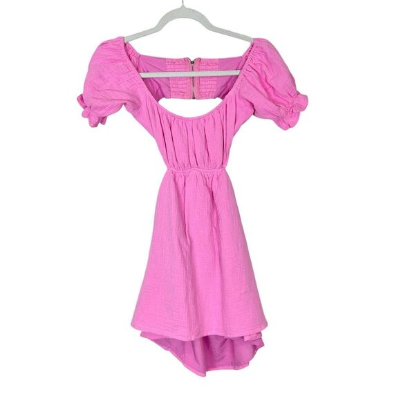 NWT Sundays Dress Gauze Cotton Small Pink Mini Open zip Back Short Puff Sleeve - Picture 2 of 16
